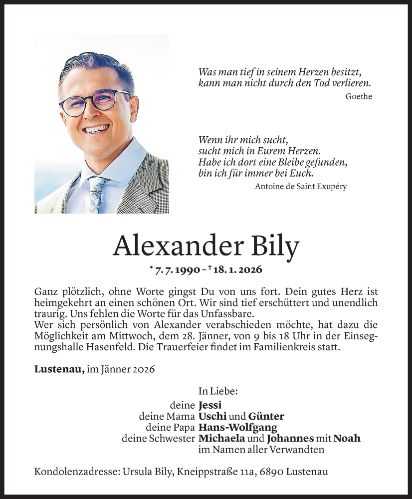  Todesanzeige für Alexander Bily vom 25.01.2026 aus Vorarlberger nachrichten