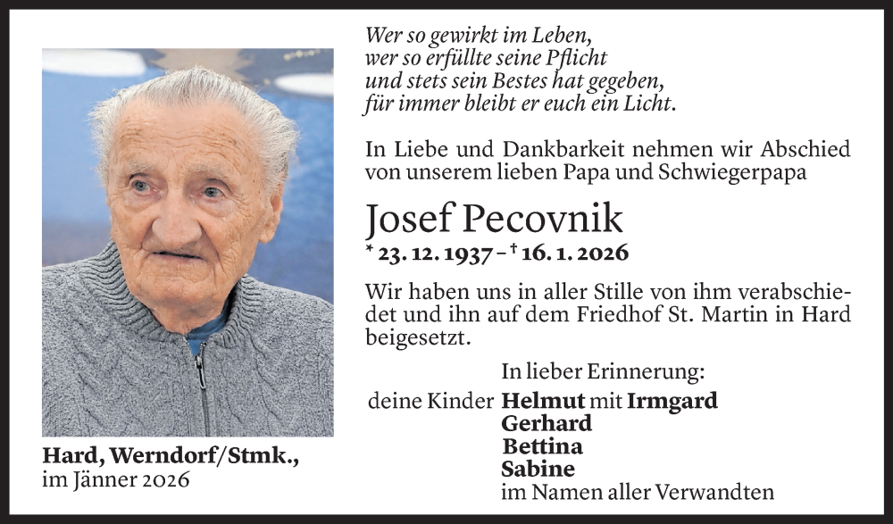  Todesanzeige für Josef Pecovnik vom 24.01.2026 aus Vorarlberger Nachrichten