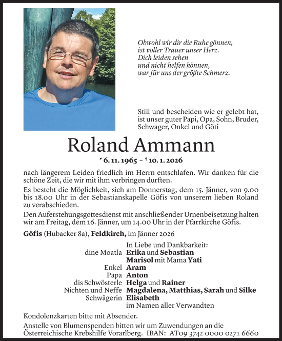 Todesanzeige von Roland Ammann von Vorarlberger Nachrichten
