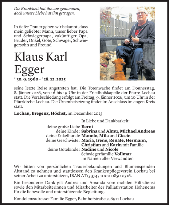 Todesanzeige von Klaus Karl Egger von Vorarlberger Nachrichten