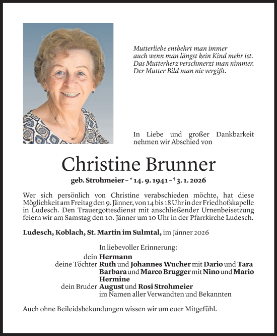 Todesanzeige von Christine Brunner von Vorarlberger nachrichten