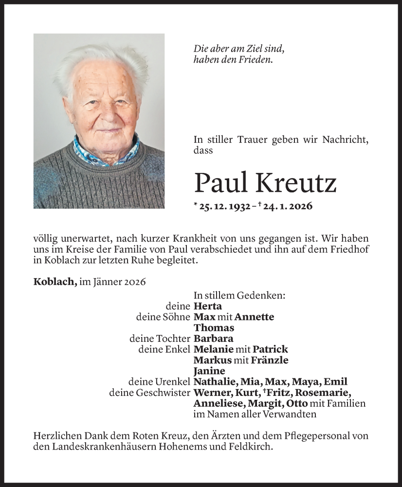  Todesanzeige für Paul Kreutz vom 28.01.2026 aus Vorarlberger Nachrichten