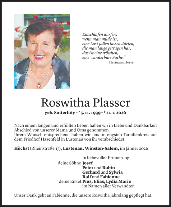 Todesanzeige von Roswitha Plasser von Vorarlberger Nachrichten
