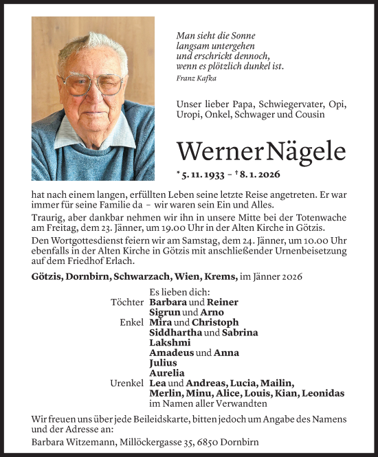 Todesanzeige von Werner Nägele von Vorarlberger Nachrichten