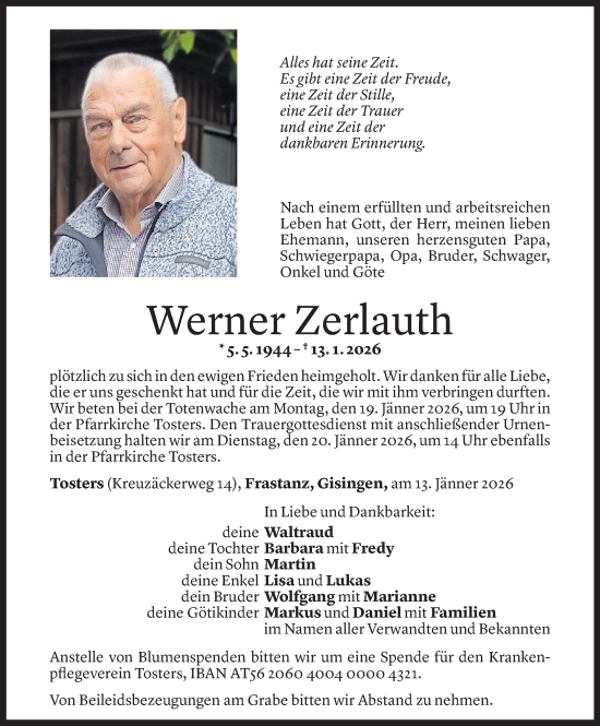 Todesanzeige von Werner Zerlauth von Vorarlberger Nachrichten