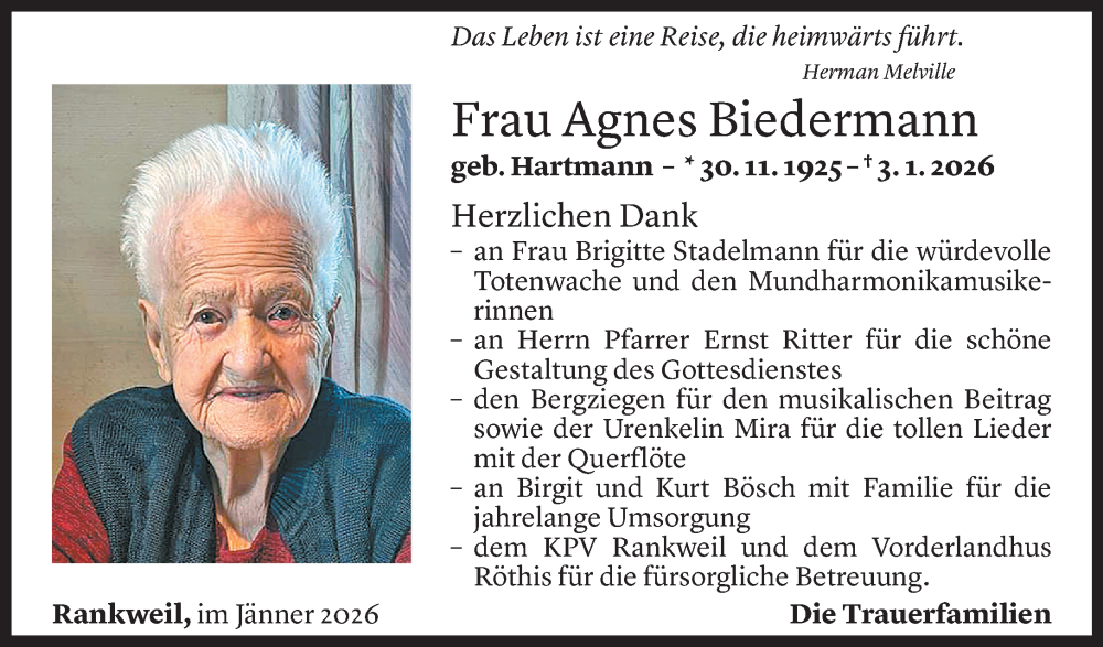  Todesanzeige für Agnes Biedermann vom 28.01.2026 aus Vorarlberger Nachrichten