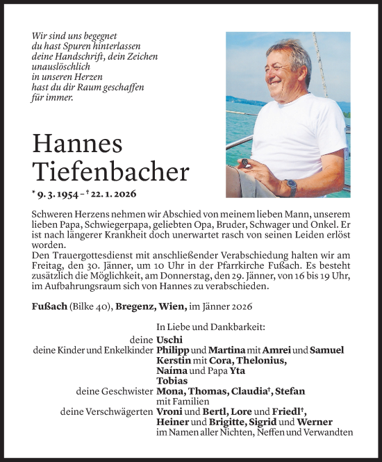 Todesanzeige von Hannes Tiefenbacher von Vorarlberger Nachrichten