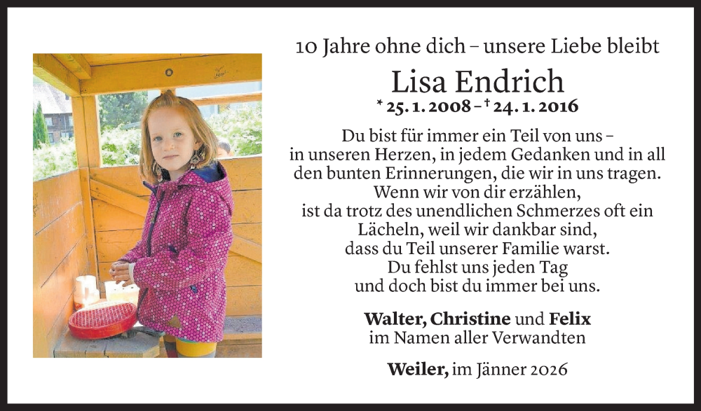  Todesanzeige für Lisa Endrich vom 23.01.2026 aus Vorarlberger Nachrichten
