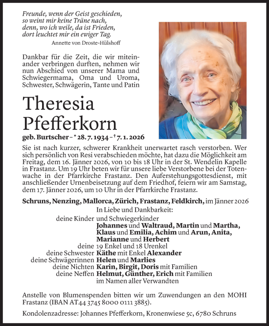 Todesanzeige von Theresia Pfefferkorn von Vorarlberger Nachrichten