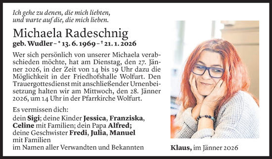 Todesanzeige von Michaela Radeschnig von Vorarlberger Nachrichten