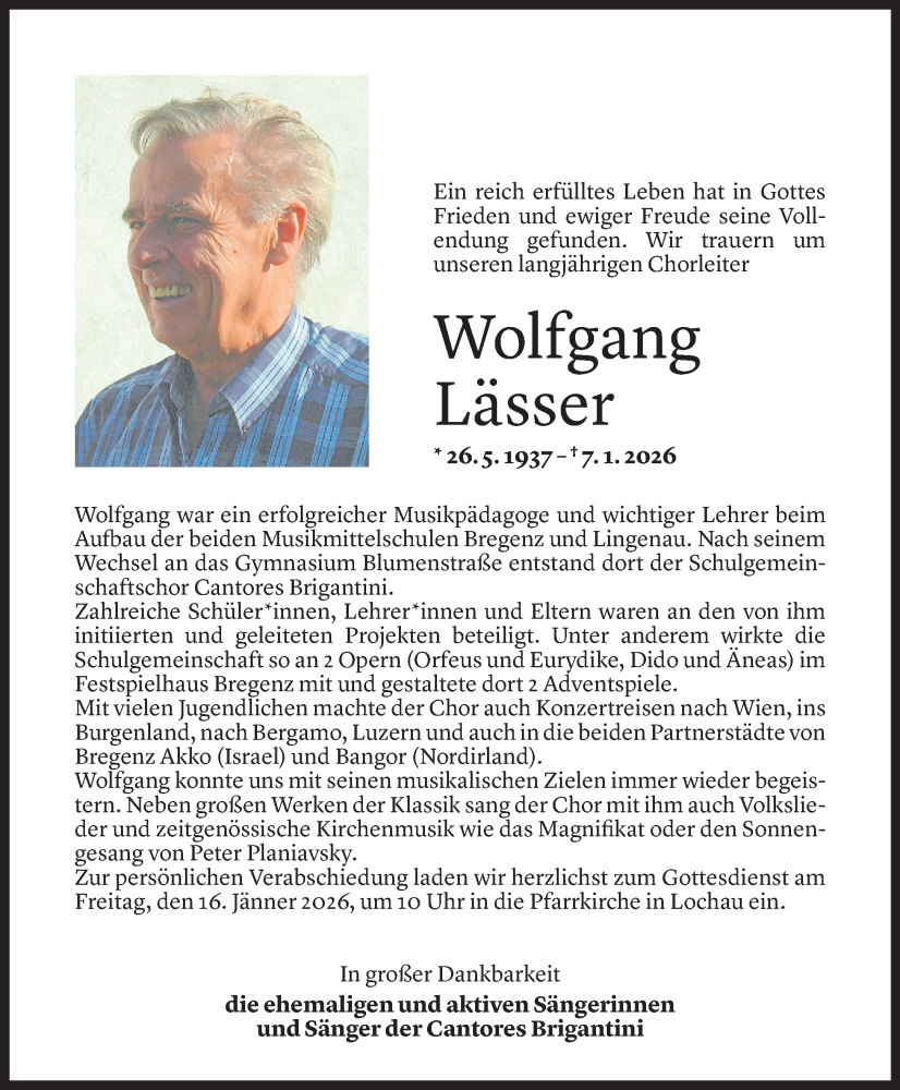  Todesanzeige für Wolfgang Lässer vom 11.01.2026 aus Vorarlberger Nachrichten