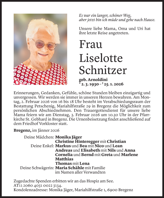 Todesanzeige von Liselotte Schnitzer von Vorarlberger Nachrichten