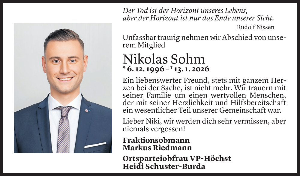  Todesanzeige für Nikolas Sohm vom 16.01.2026 aus Vorarlberger Nachrichten
