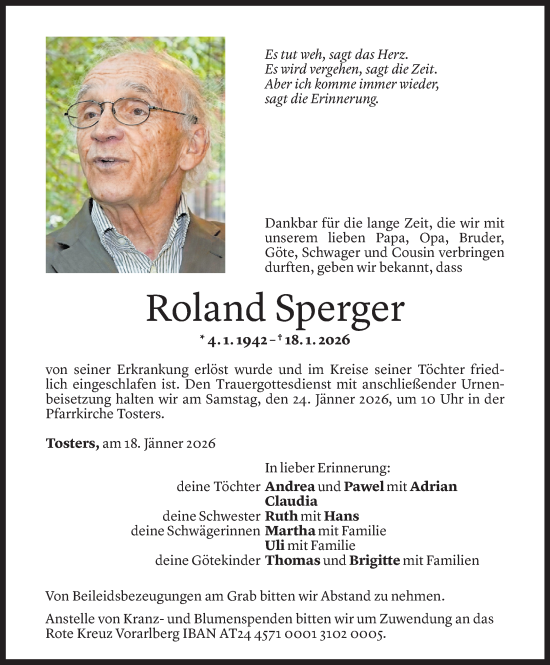 Todesanzeige von Roland Sperger von Vorarlberger Nachrichten