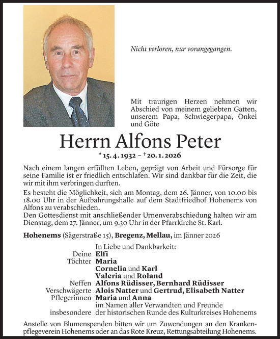Todesanzeige von Alfons Peter von Vorarlberger Nachrichten
