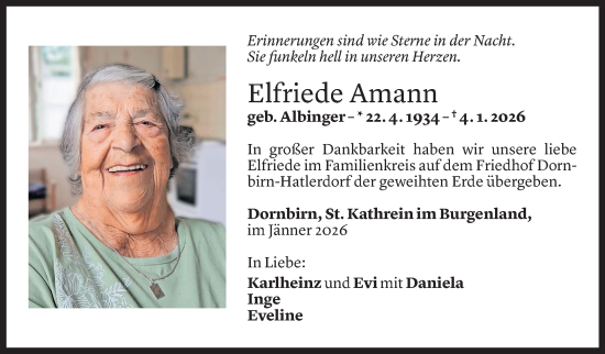 Todesanzeige von Elfriede Amann von Vorarlberger Nachrichten