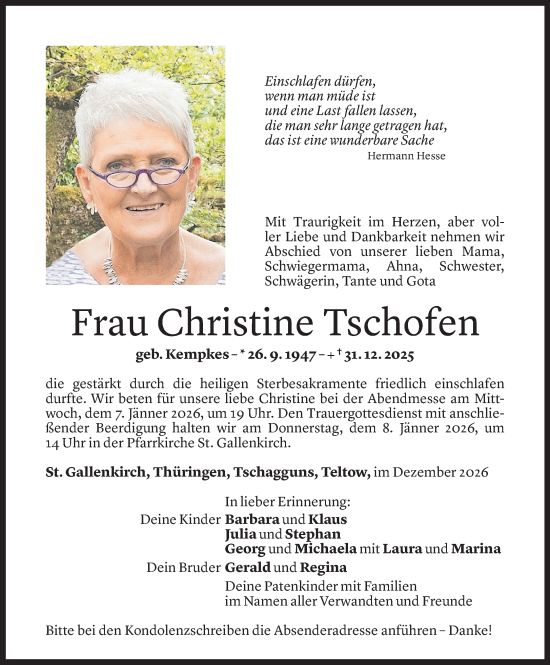 Todesanzeige von Christine Tschofen von Vorarlberger nachrichten