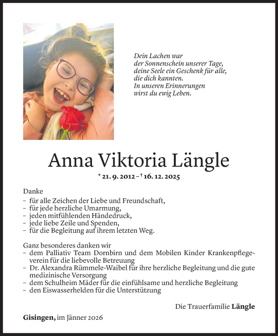 Todesanzeige von Anna Viktoria Längle von Vorarlberger Nachrichten