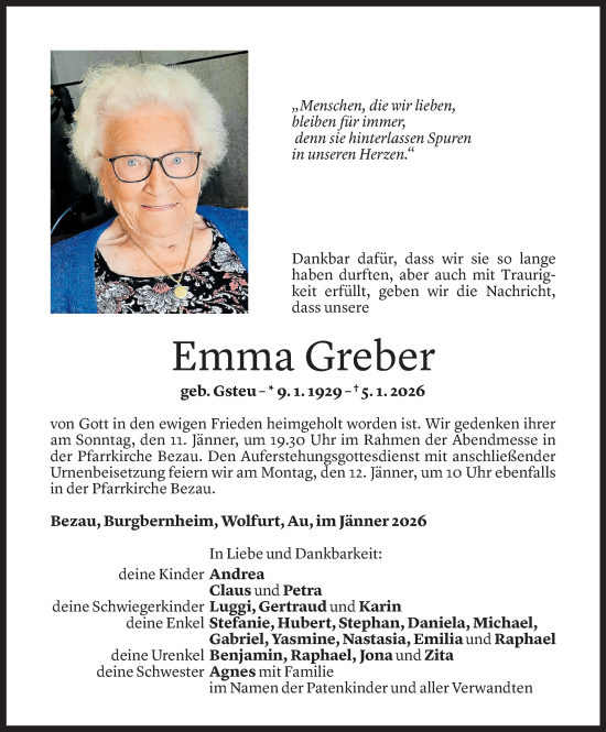Todesanzeige von Emma Greber von Vorarlberger Nachrichten