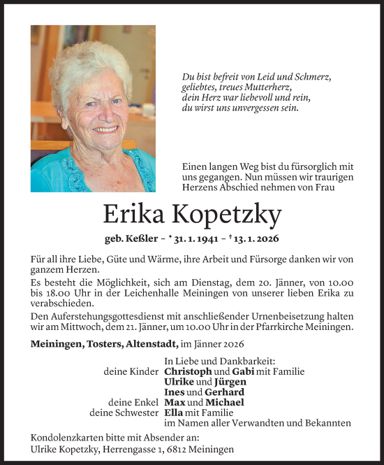 Todesanzeige von Erika Kopetzky von Vorarlberger Nachrichten