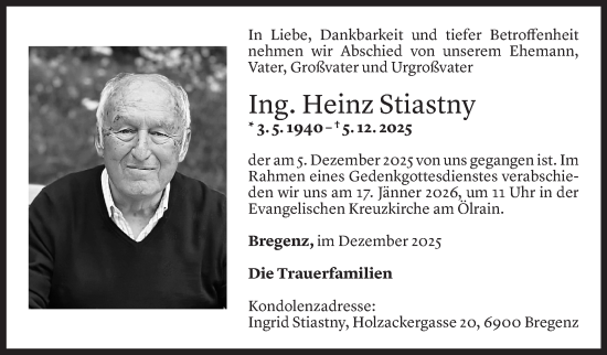 Todesanzeige von Heinz Stiastny von Vorarlberger Nachrichten