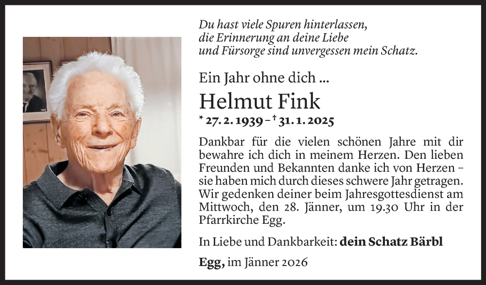  Todesanzeige für Helmut Fink vom 26.01.2026 aus Vorarlberger Nachrichten