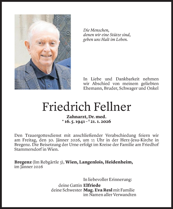 Todesanzeige von Friedrich Fellner von Vorarlberger Nachrichten
