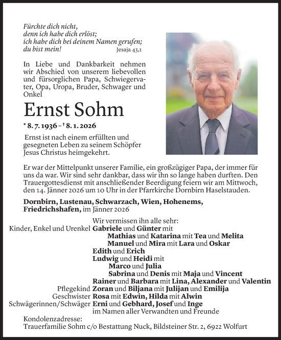 Todesanzeige von Ernst Sohm von Vorarlberger Nachrichten