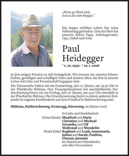 Todesanzeige von Paul Heidegger von Vorarlberger Nachrichten