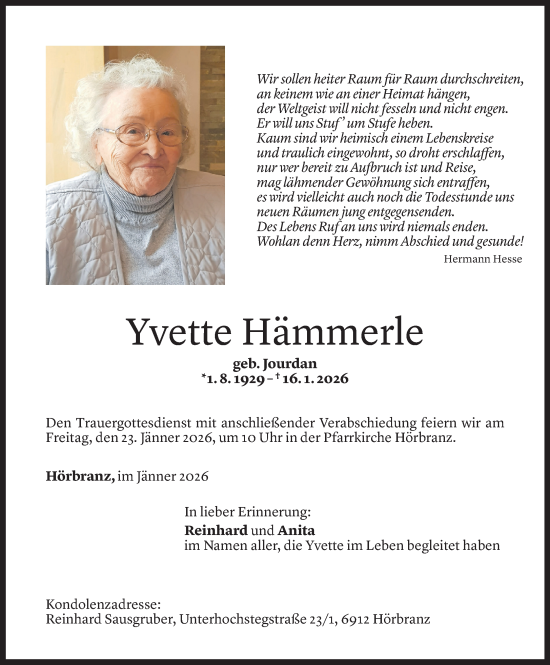 Todesanzeige von Yvette Hämmerle von Vorarlberger Nachrichten