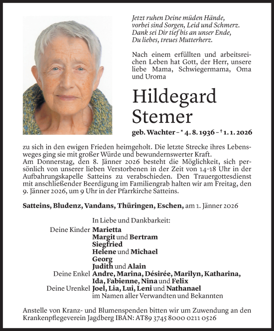 Todesanzeige von Hildegard Stemer von Vorarlberger nachrichten