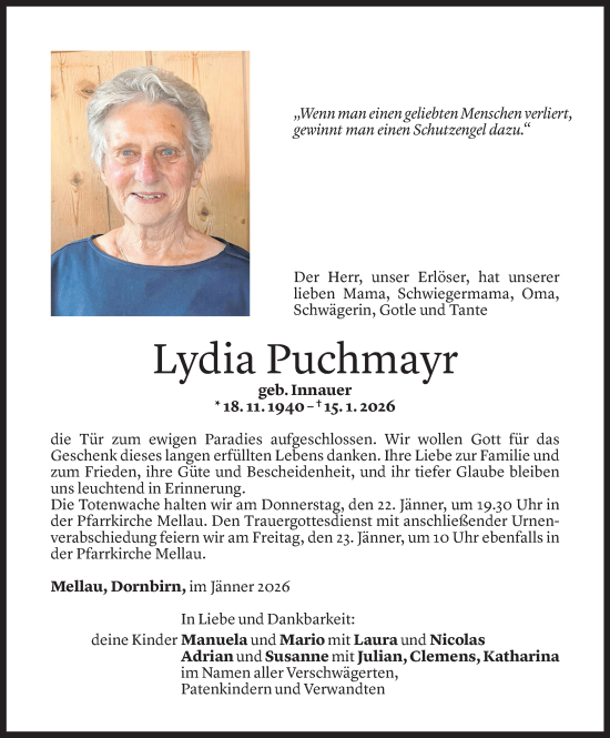 Todesanzeige von Lydia Puchmayr von Vorarlberger Nachrichten