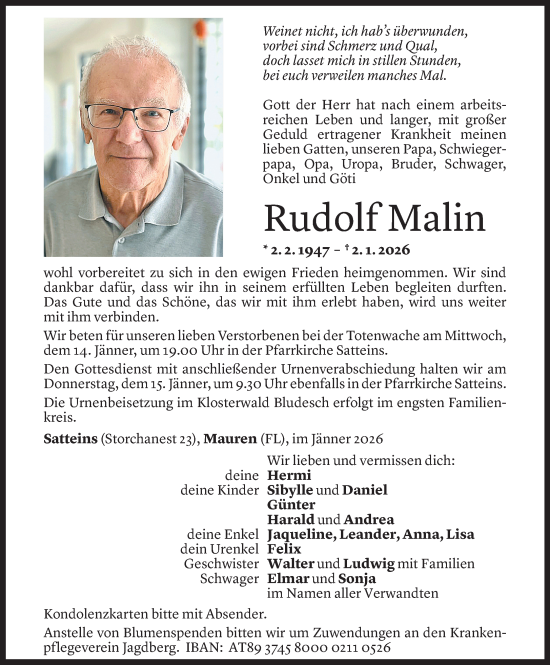 Todesanzeige von Rudolf Malin von Vorarlberger Nachrichten