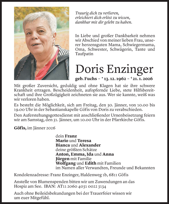 Todesanzeige von Doris Enzinger von Vorarlberger Nachrichten