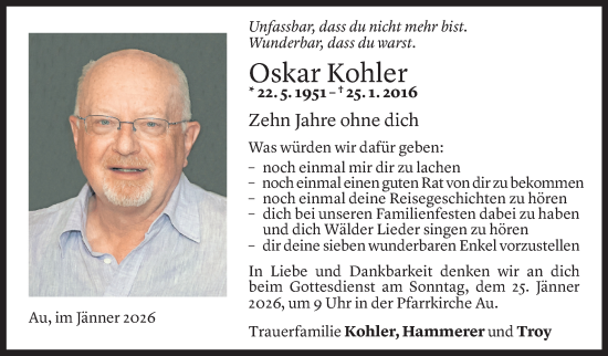 Todesanzeige von Oskar Kohler von Vorarlberger Nachrichten