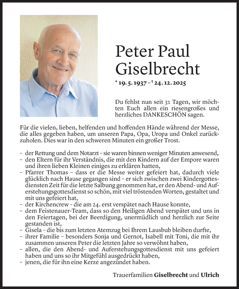 Todesanzeige für Peter Paul Giselbrecht vom 23.01.2026 aus Vorarlberger Nachrichten