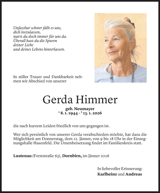 Todesanzeige von Gerda Himmer von Vorarlberger Nachrichten