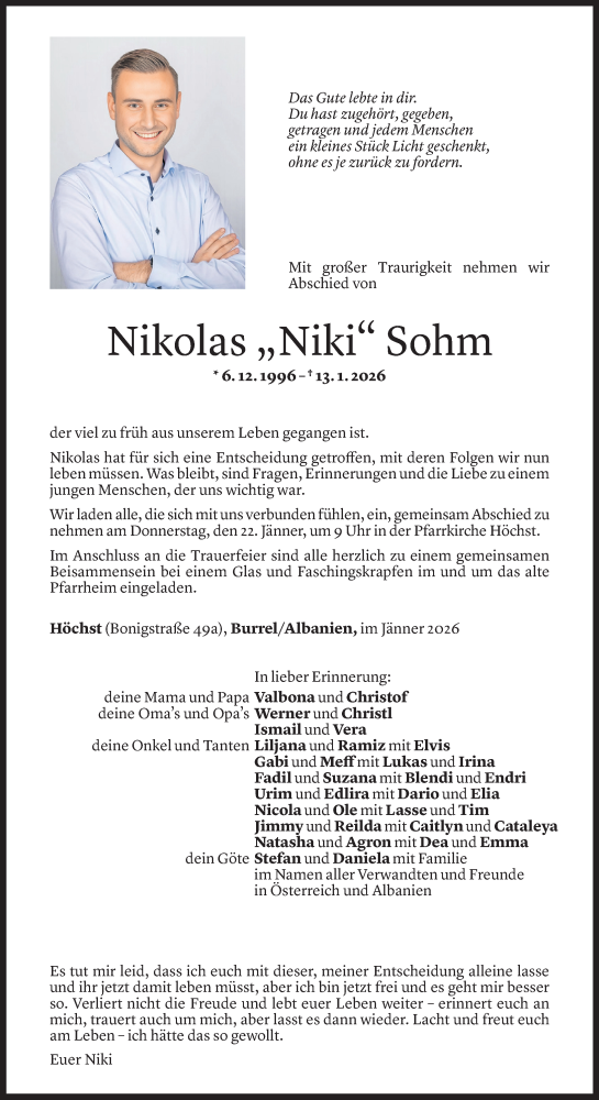 Todesanzeige von Nikolas Sohm von Vorarlberger Nachrichten