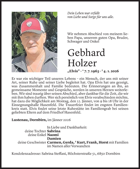 Todesanzeige von Gebhard Holzer von Vorarlberger Nachrichten