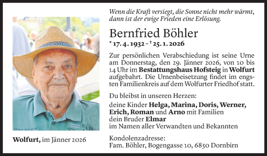 Todesanzeige von Bernfried Böhler von Vorarlberger Nachrichten