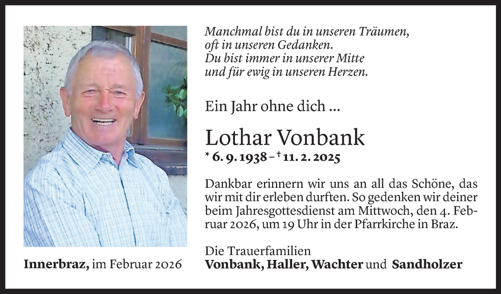  Todesanzeige für Lothar Vonbank vom 28.01.2026 aus Vorarlberger Nachrichten