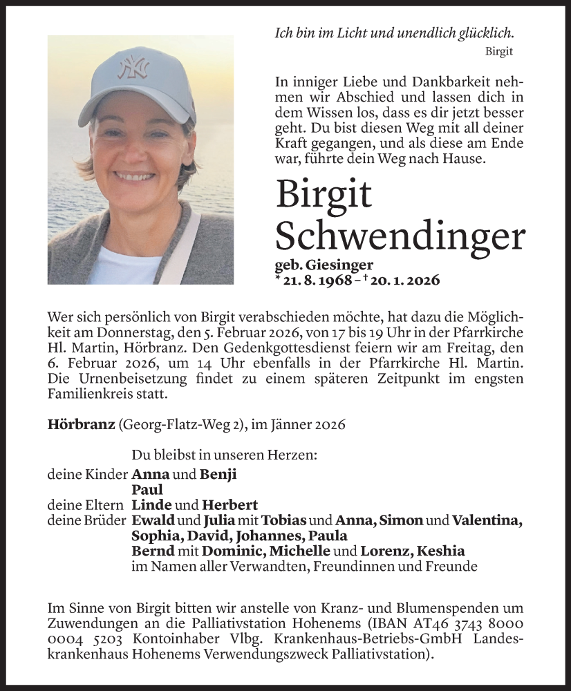  Todesanzeige für Birgit Schwendinger vom 30.01.2026 aus Vorarlberger Nachrichten