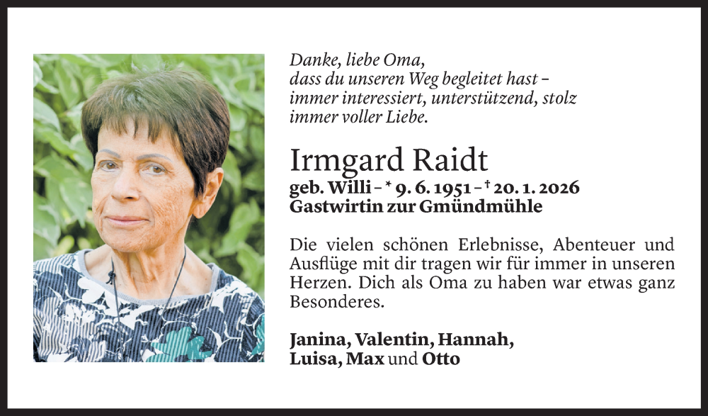  Todesanzeige für Irmgard Raidt vom 22.01.2026 aus Vorarlberger Nachrichten