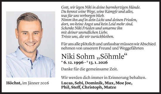 Todesanzeige von Nikolas Sohm von Vorarlberger Nachrichten