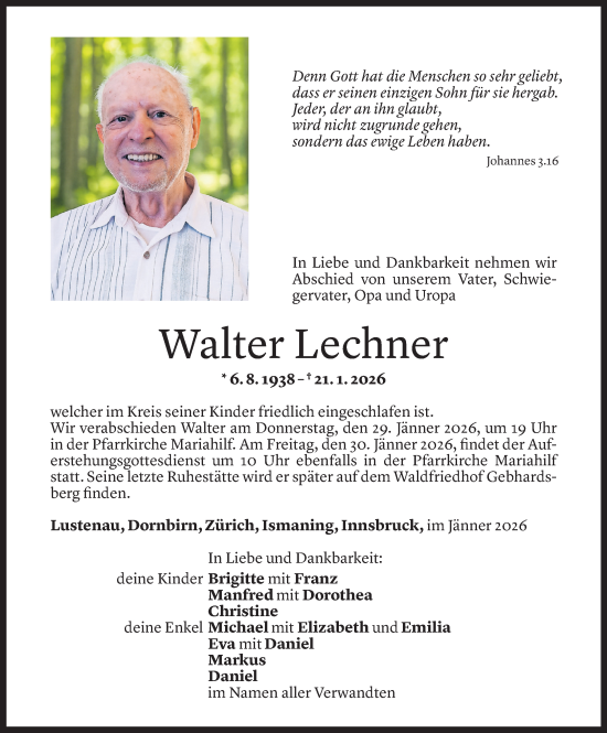 Todesanzeige von Walter Lechner von Vorarlberger Nachrichten