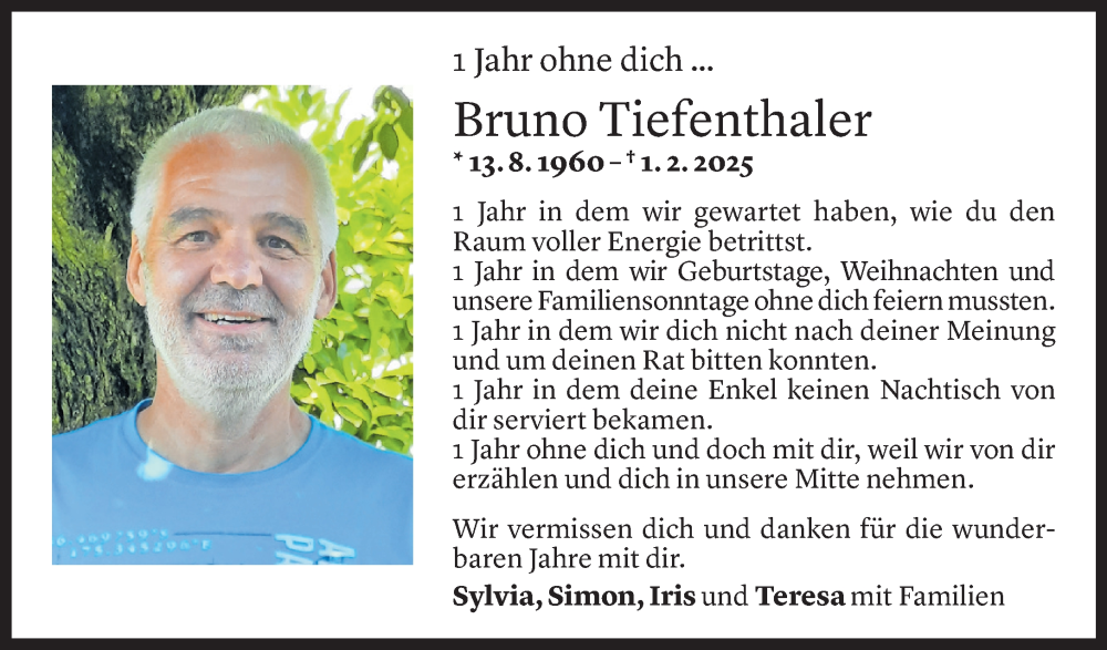  Todesanzeige für Bruno Tiefenthaler vom 28.01.2026 aus Vorarlberger Nachrichten