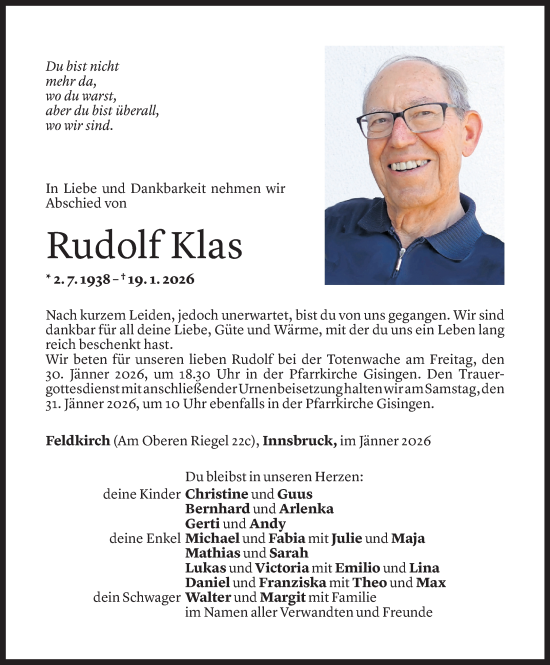 Todesanzeige von Rudolf Klas von Vorarlberger Nachrichten