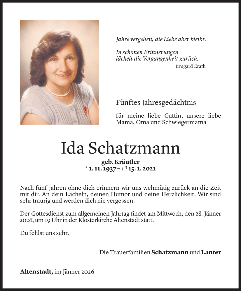  Todesanzeige für Ida Schatzmann vom 24.01.2026 aus Vorarlberger Nachrichten