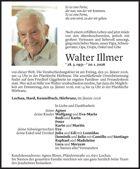 Todesanzeige von Walter Illmer von Vorarlberger Nachrichten