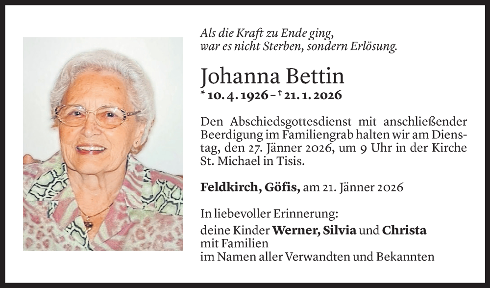  Todesanzeige für Johanna Bettin vom 23.01.2026 aus Vorarlberger Nachrichten